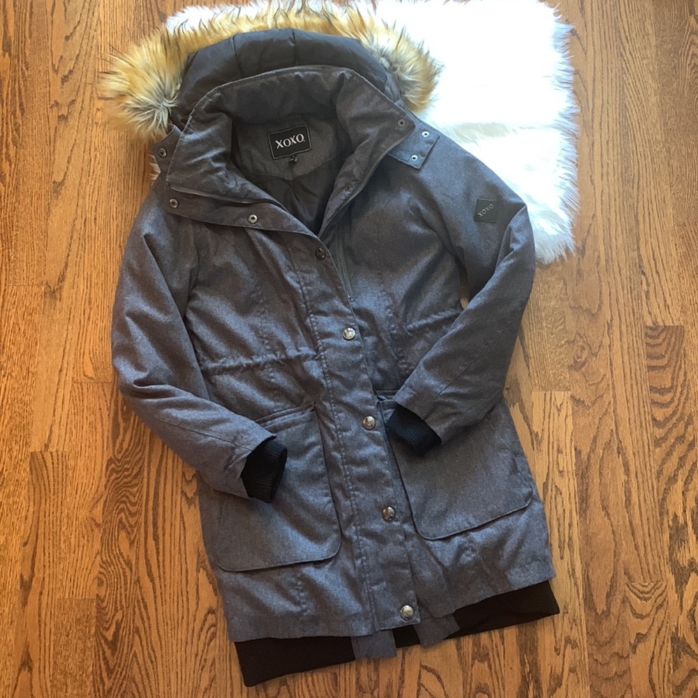 XOXO Gray Faux-Fur Hood Puffer Coat